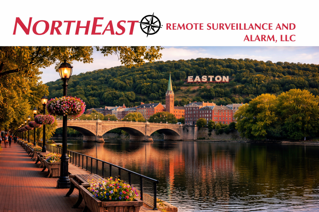 Easton, PA riverfront scene with bridge, waterfront walkway, and Northeast Remote Surveillance and Alarm, LLC logo for commercial security camera services